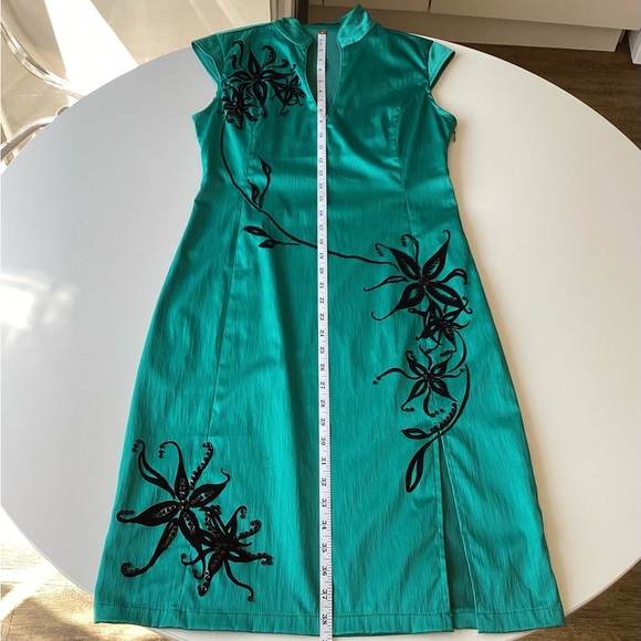 Jane Norman Y2K dress 14 turquoise green satin black embroidered vintage - Picture 5 of 16